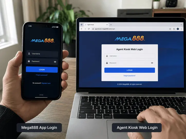 Comparison showing the Mega888 App Login screen vs the Agent Kiosk Web Login