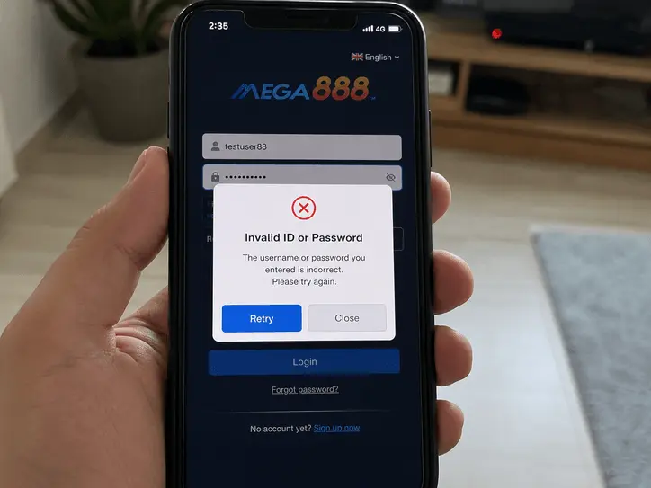 Screenshot of Mega888 Invalid ID or Password popup
