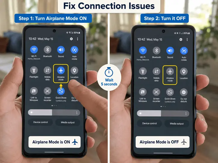 Graphic showing how to toggle Airplane mode to fix connection issues