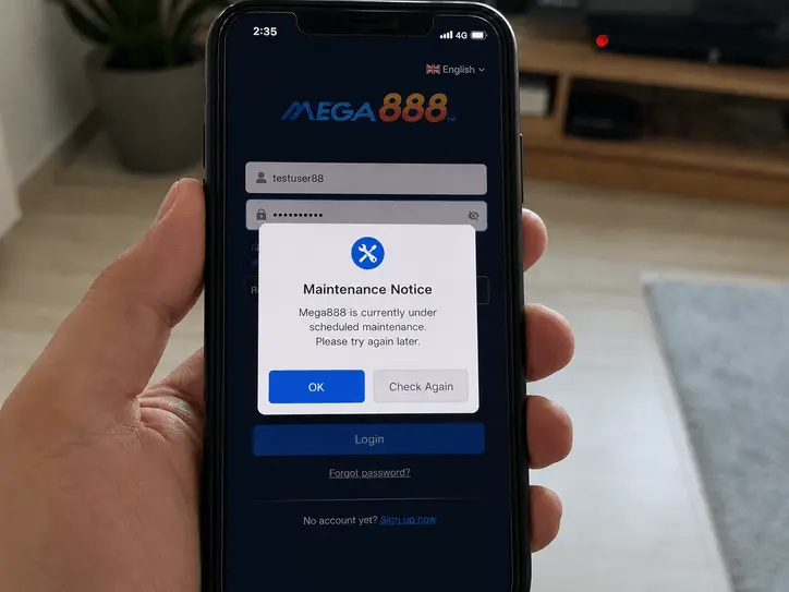 Screenshot of the Mega888 Maintenance Popup inside the app