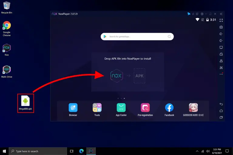 Screenshot showing how to drag the Mega888 APK into NoxPlayer