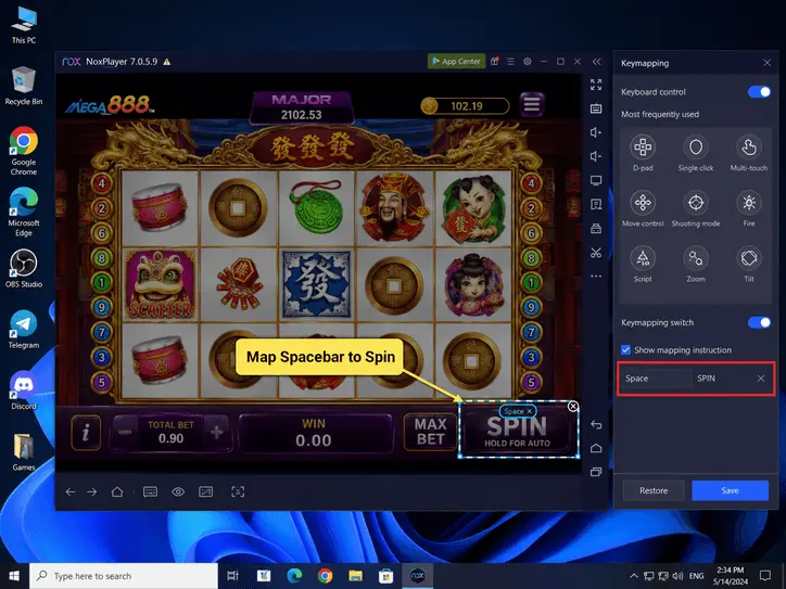 Screenshot showing how to map the spacebar to the spin button in Mega888