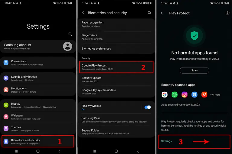 Screenshot showing how to disable Play Protect on Samsung for Mega APK